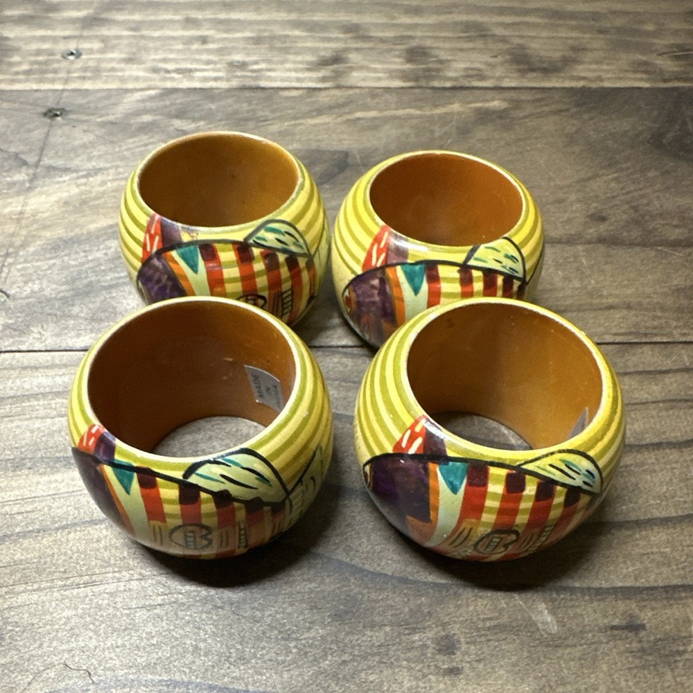 Painted Wood Napkin Rings Yellow Multicolor Striped  w/ Fish Made in India
